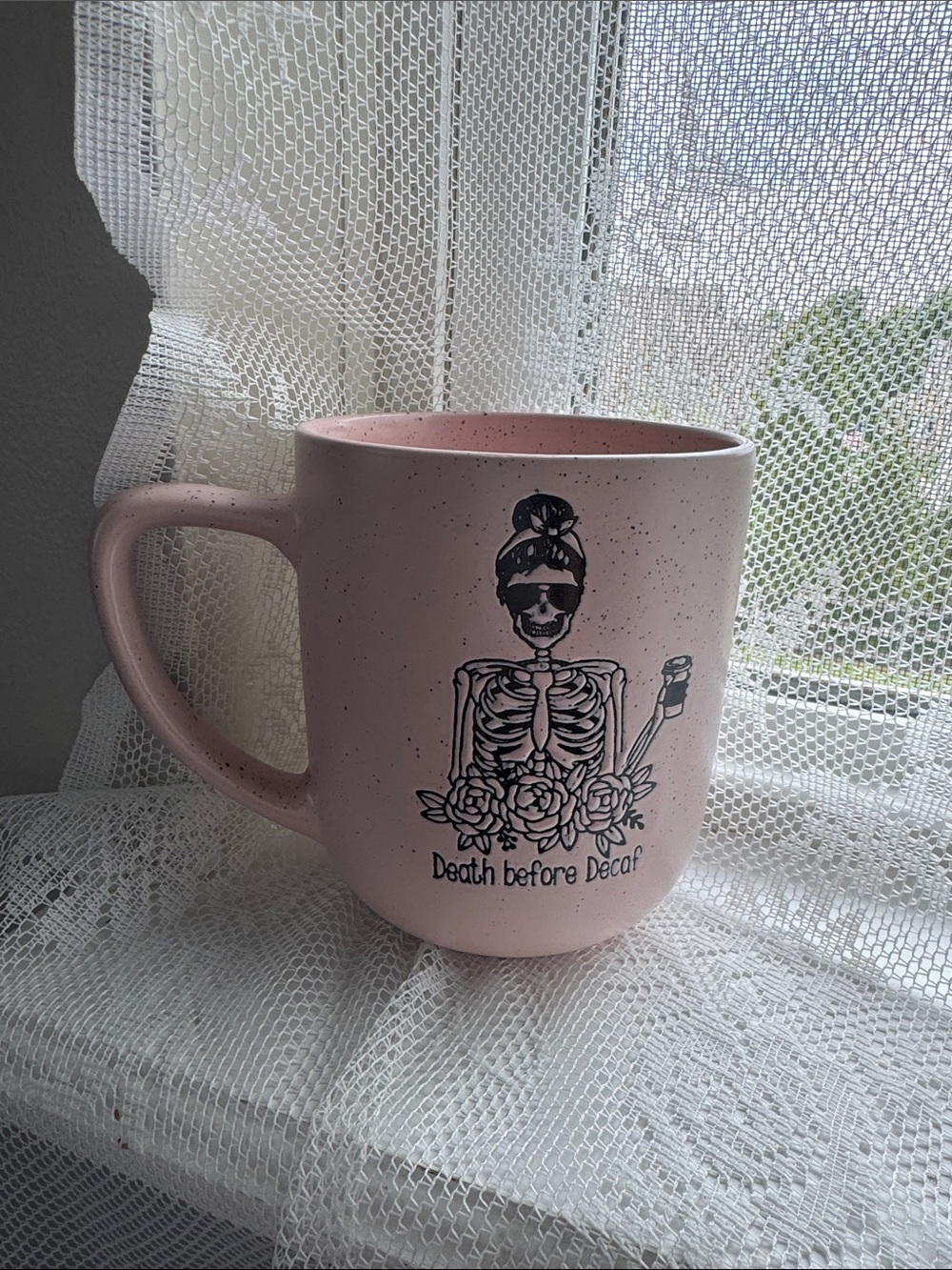 Pink Ceramic Coffee Mug with Skeleton 'Death Before Decaf' Design